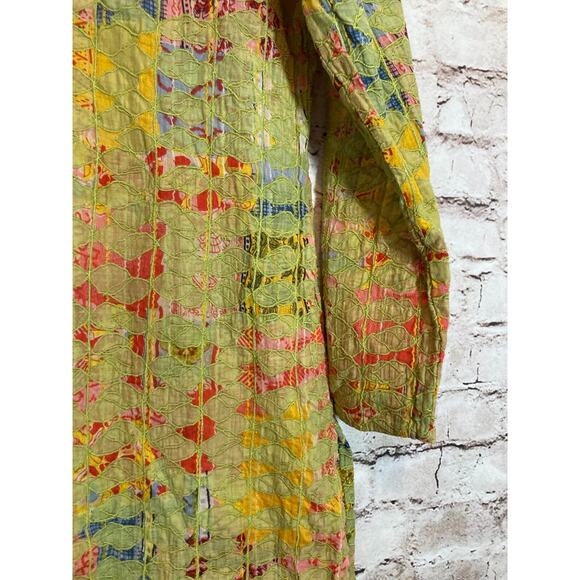 Neeru Kumar Artsy Tunic Top Womens Large Pea Green Art To Wear Embroidered RARE - Picture 6 of 12